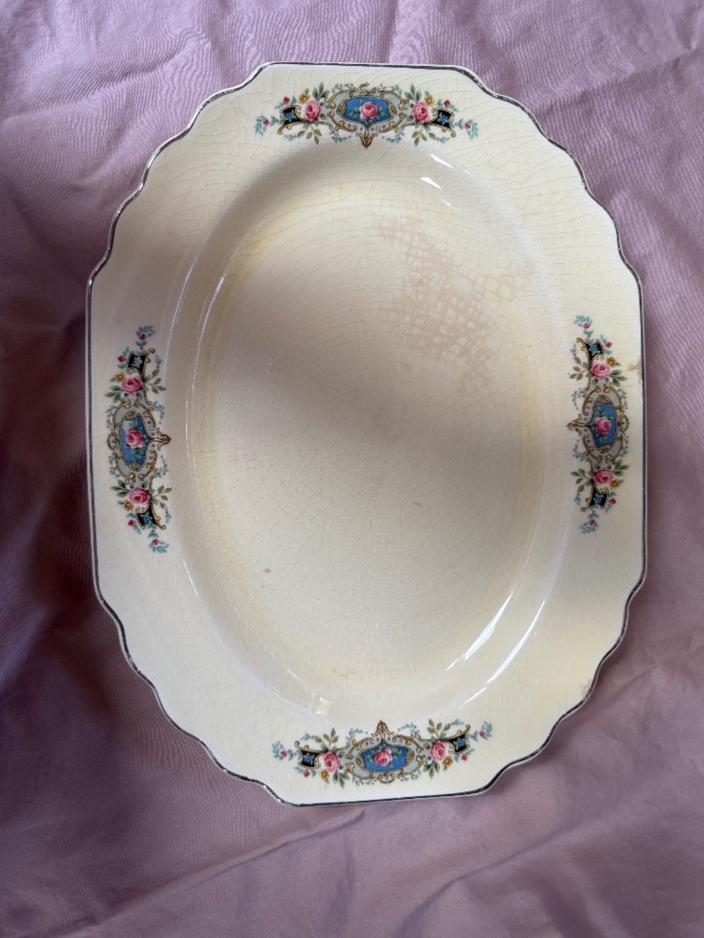 Vintage W.S. George Lido Canarytone Platter | Rose & Blue Medallion 11.5"